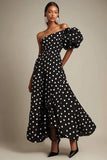 One Shoulder Black and White Satin Puff Sleeves Boho Maxi Polka Dot Dress