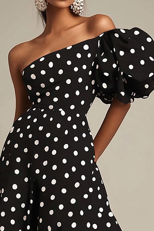 One Shoulder Black and White Satin Puff Sleeves Boho Maxi Polka Dot Dress