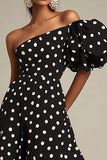 One Shoulder Black and White Satin Puff Sleeves Boho Maxi Polka Dot Dress