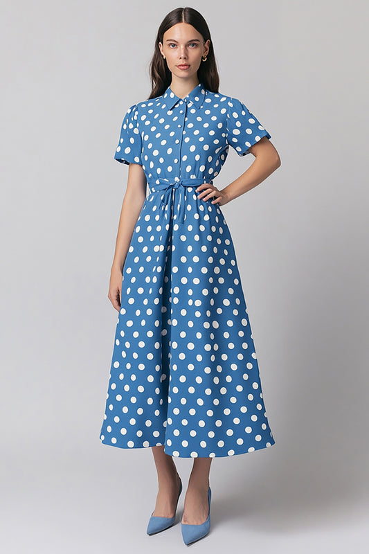 Satin Short Sleeves Blue and White A Line Maxi Polka Dot Dress with Sash