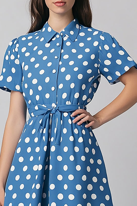Satin Short Sleeves Blue and White A Line Maxi Polka Dot Dress with Sash