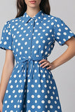 Satin Short Sleeves Blue and White A Line Maxi Polka Dot Dress with Sash