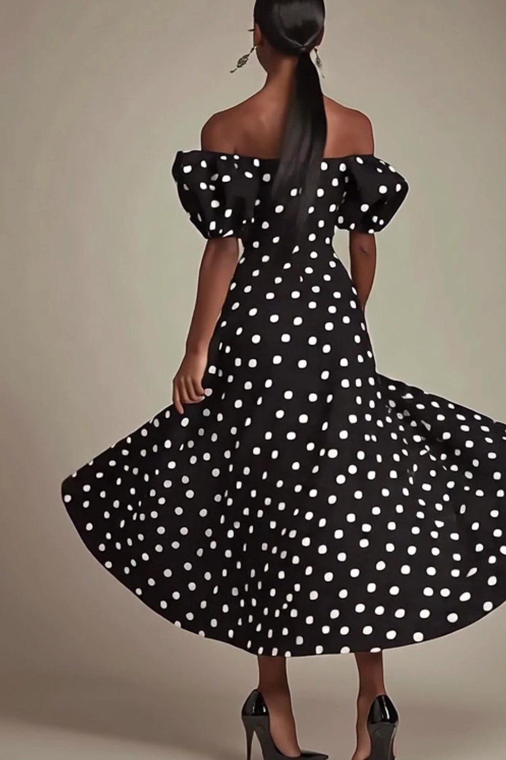 Zapakasa Women Black and White Satin Maxi Polka Dot Dress with Slit Puff Sleeves Off the Shoulder A Line Boho Summer Dress Zapakasa Women Black and White Satin Maxi Polka Dot Dress with Slit Puff Sleeves Off the Shoulder A Line Boho Summer Dress