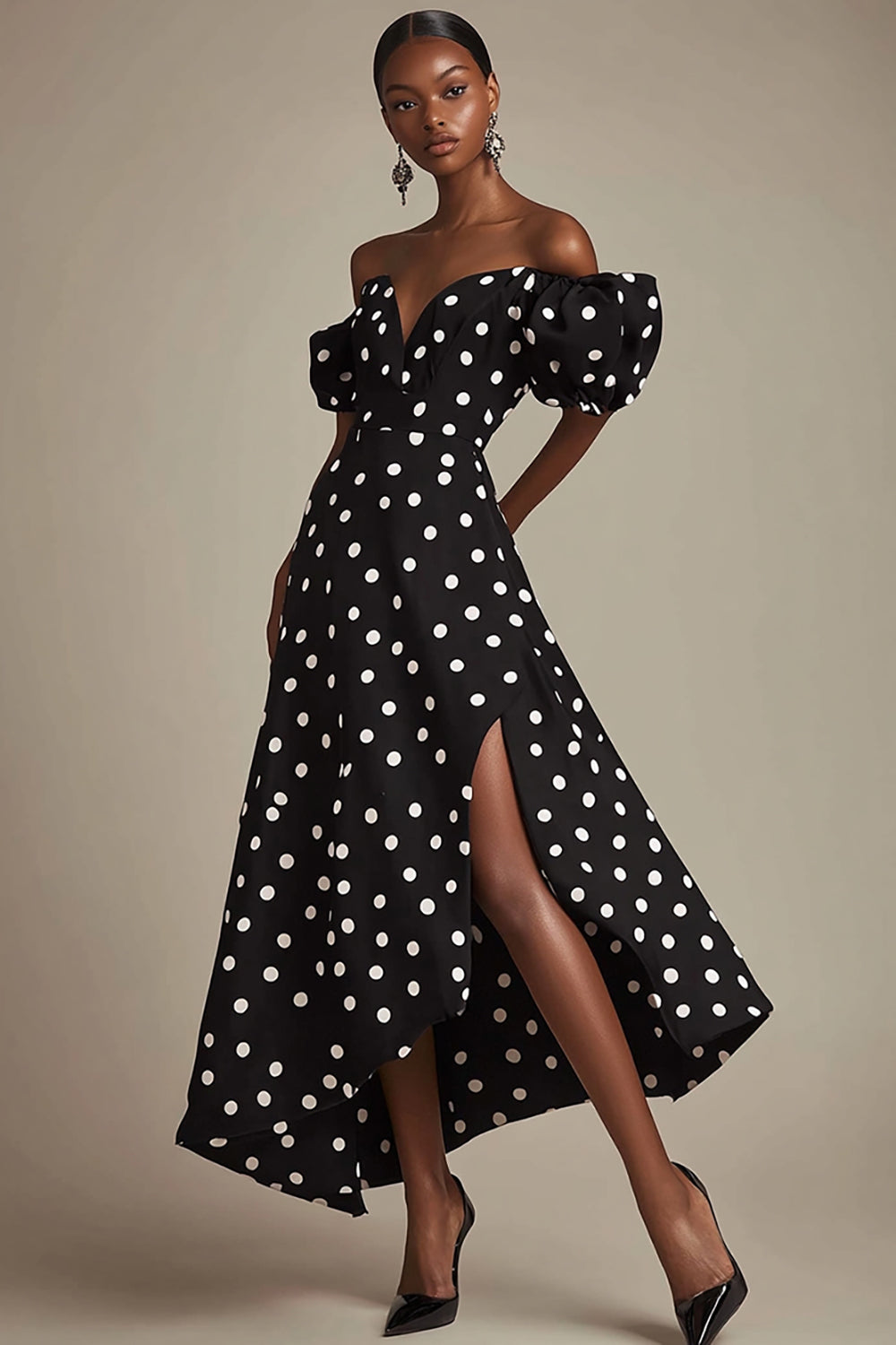 ZAPAKA Women Black White Satin Long Polka Dots Dress with Slit Puff Sleeves A Line Off The Shoulder Vintage Summer Dress, Black White Dot / AU14
