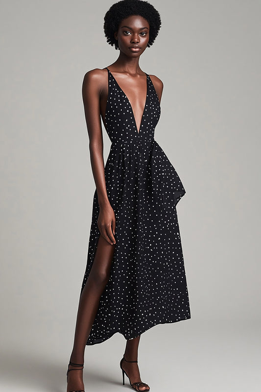 A Line Black and White Boho Maxi Chiffon Polka Dot Dress with Slit