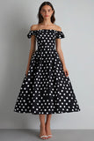 Off the Shoulder A Line Black and White Maxi Satin Polka Dot Dress