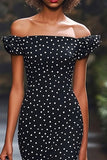 Mermaid Black and White Satin Off the Shoulder Boho Maxi Polka Dot Dress