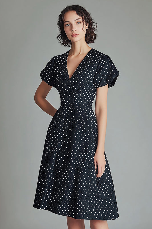 A Line Black and White Satin Short Polka Dot Dress with Sleeves