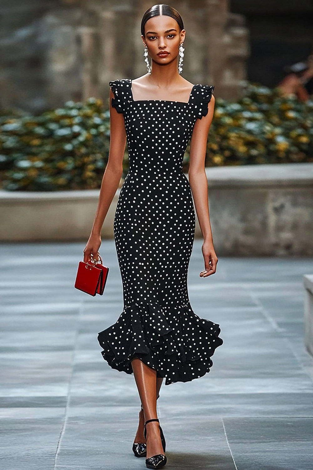 Chiffon Mermaid Boho Black and White Maxi Polka Dot Dress with Ruffles