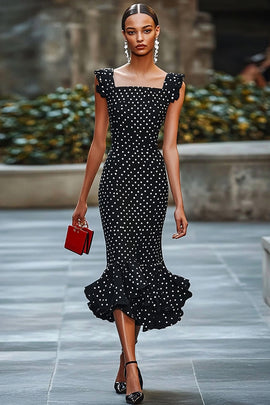 Chiffon Mermaid Boho Black and White Maxi Polka Dot Dress with Ruffles