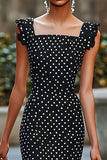 Chiffon Mermaid Boho Black and White Maxi Polka Dot Dress with Ruffles