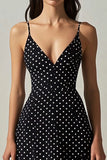 Boho Black and White A Line Spaghetti Straps Maxi Chiffon Polka Dot Dress
