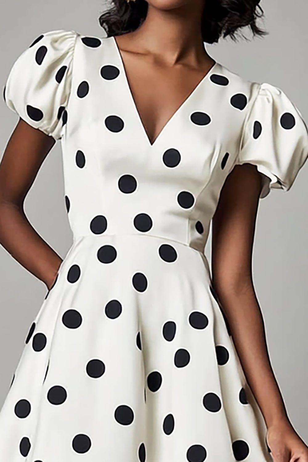 V-Neck Puff Sleeves Black and White Boho Short Satin Polka Dot Dress