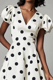 V-Neck Puff Sleeves Black and White Boho Short Satin Polka Dot Dress