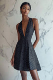 Black and White Deep V-Neck Satin Short A Line Polka Dot Dress