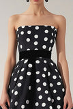 Strapless A Line Black and White Satin Midi Polka Dot Dress