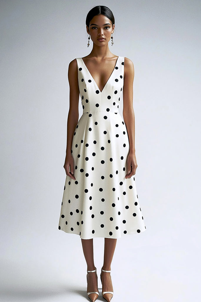 Zapakasa Women Black and White Satin Midi Polka Dot Dress A Line V-Neck