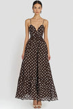 Chiffon Coffee and White Spaghetti Straps A Line Boho Maxi Polka Dot Dress