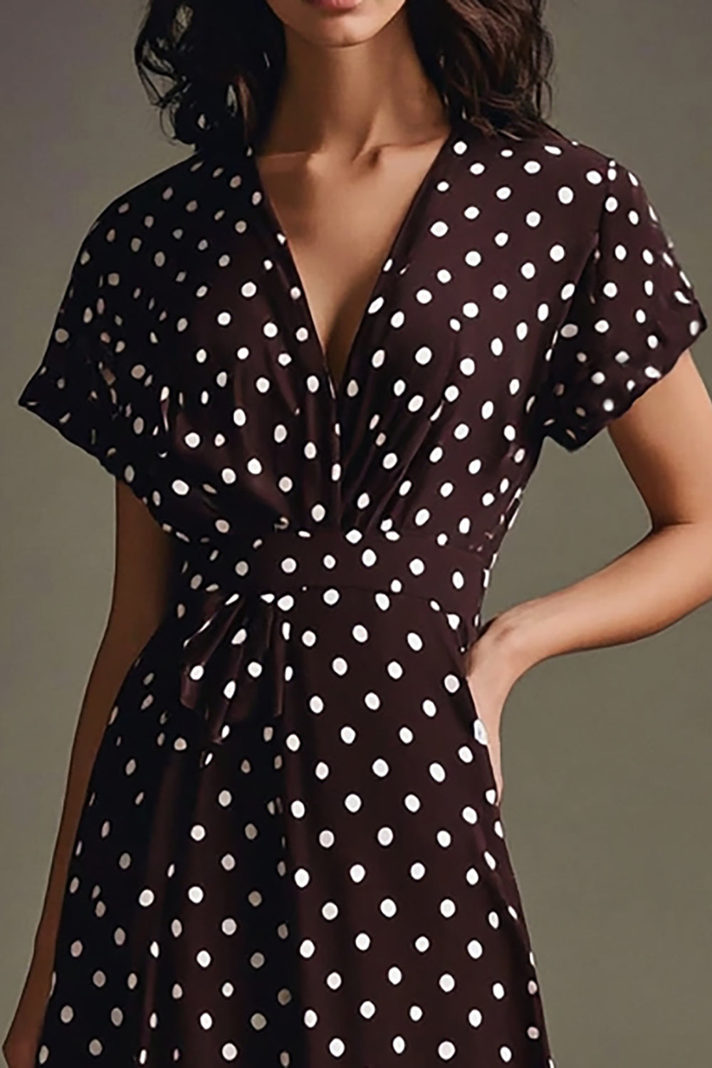 Boho Coffee and White V-Neck Maxi Chiffon Boho Polka Dot Dress with Sleeves