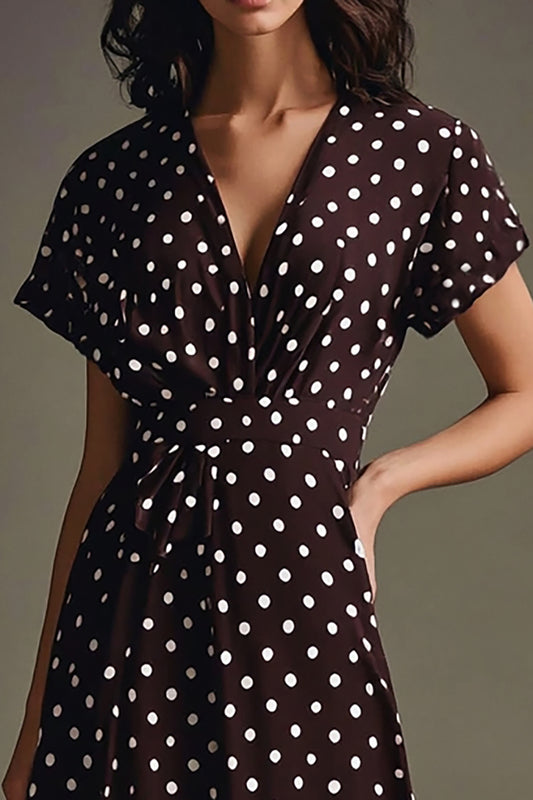 Boho Coffee and White V-Neck Maxi Chiffon Boho Polka Dot Dress with Sleeves
