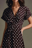 Boho Coffee and White V-Neck Maxi Chiffon Boho Polka Dot Dress with Sleeves