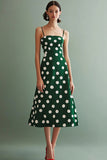 Chiffon Green and White Spaghetti Straps Boho A Line Midi Polka Dot Dress