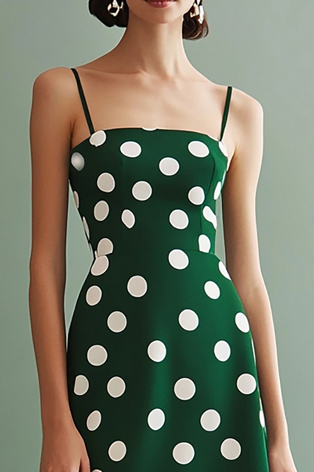 Chiffon Green and White Spaghetti Straps Boho A Line Midi Polka Dot Dress