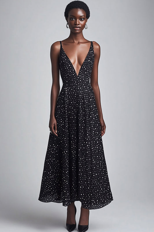 Deep V-Neck Black and White Maxi Boho A Line Chiffon Polka Dot Dress