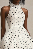Tulle White and Black High Neck Tiered Maxi Polka Dot Dress with Ruffles