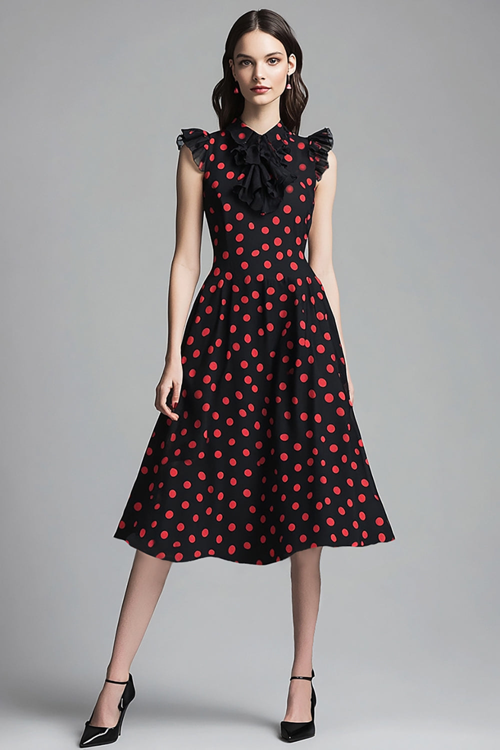 Chiffon Black and Red A Line High Neck Midi Polka Dot Dress with Ruffles