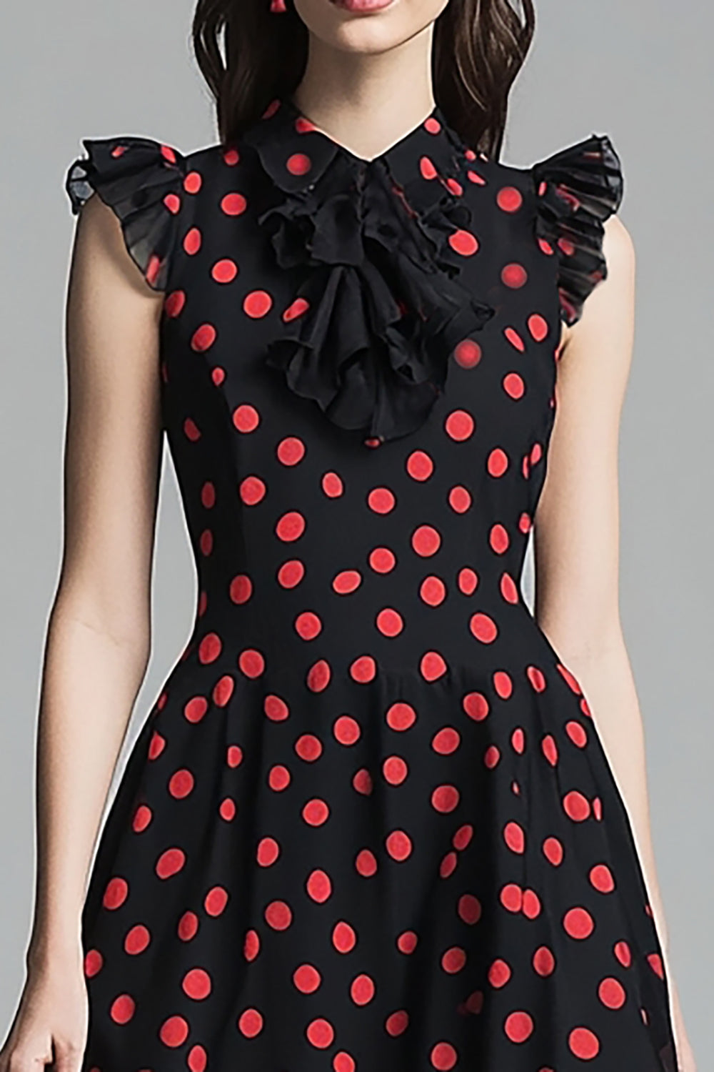 Chiffon Black and Red A Line High Neck Midi Polka Dot Dress with Ruffles