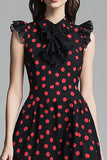 Chiffon Black and Red A Line High Neck Midi Polka Dot Dress with Ruffles