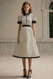 Chiffon Short Sleeves Black and White A Line Midi Polka Dot Dress with Ruffles
