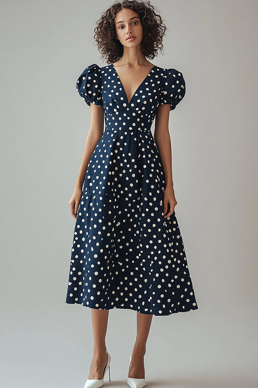 Satin A Line Navy and White Puff Sleeves Boho Maxi Polka Dot Dress