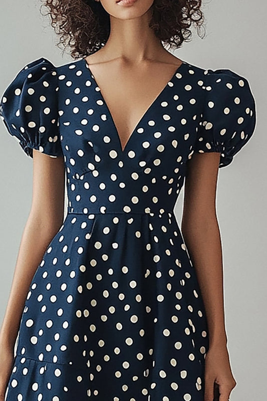 Satin A Line Navy and White Puff Sleeves Boho Maxi Polka Dot Dress
