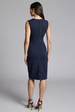 Royal Blue Satin Bodycon V-Neck Midi Work Dress