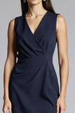 Navy Satin V-Neck Midi Bodycon Work Dress