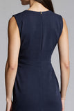 Navy Satin V-Neck Midi Bodycon Work Dress