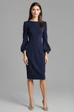 Royal Blue Satin Bodycon Bateau Neck Midi Work Dress with Sleeves