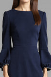 Navy Satin Bodycon Midi Bateau Neck Work Dress with Long Sleeves