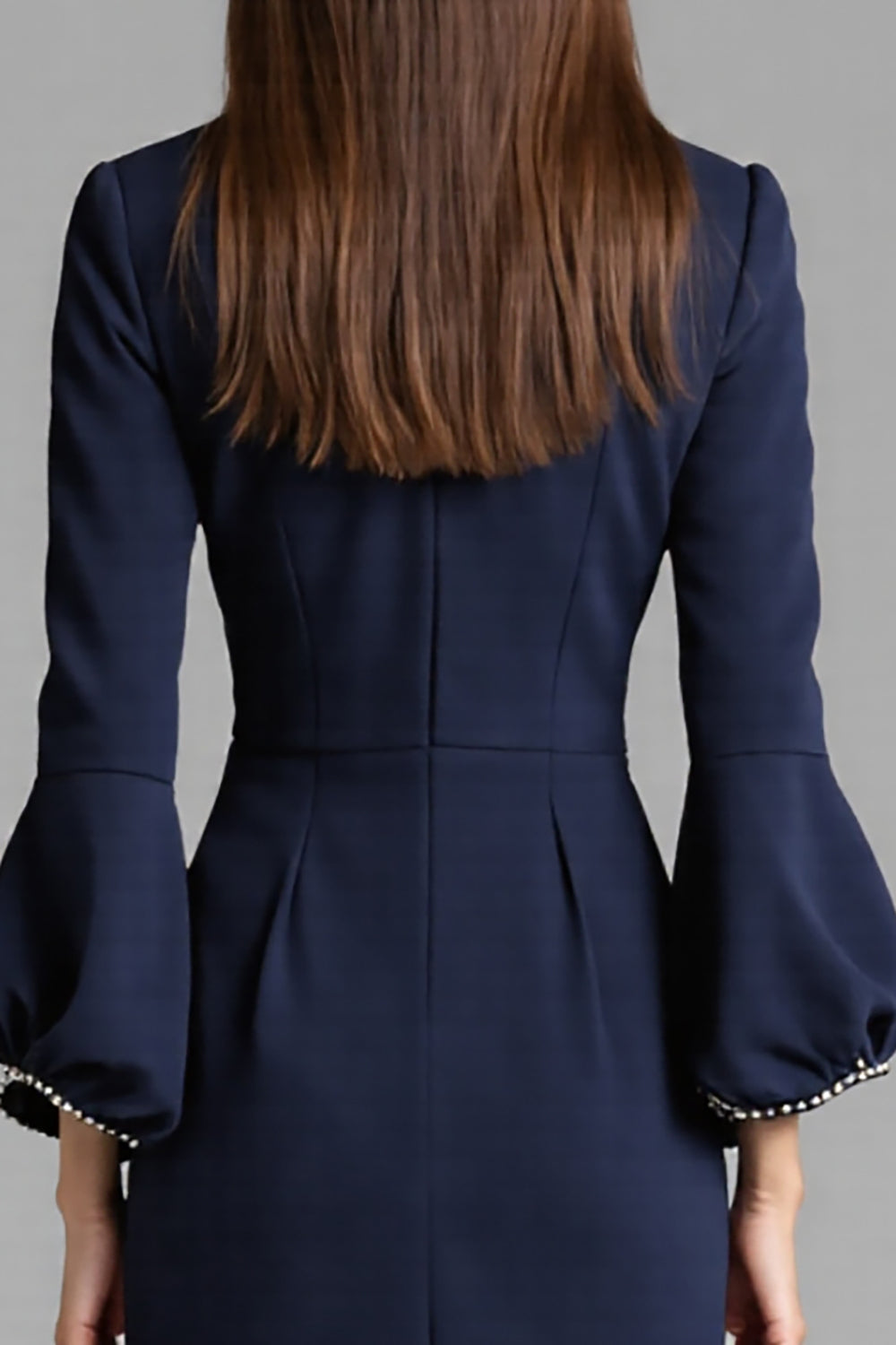 Navy Satin Bodycon Midi Bateau Neck Work Dress with Long Sleeves