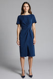 Navy Bodycon Ruched Midi Satin Work Dress with Short Sleeves