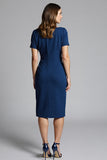 Navy Bodycon Ruched Midi Satin Work Dress with Short Sleeves