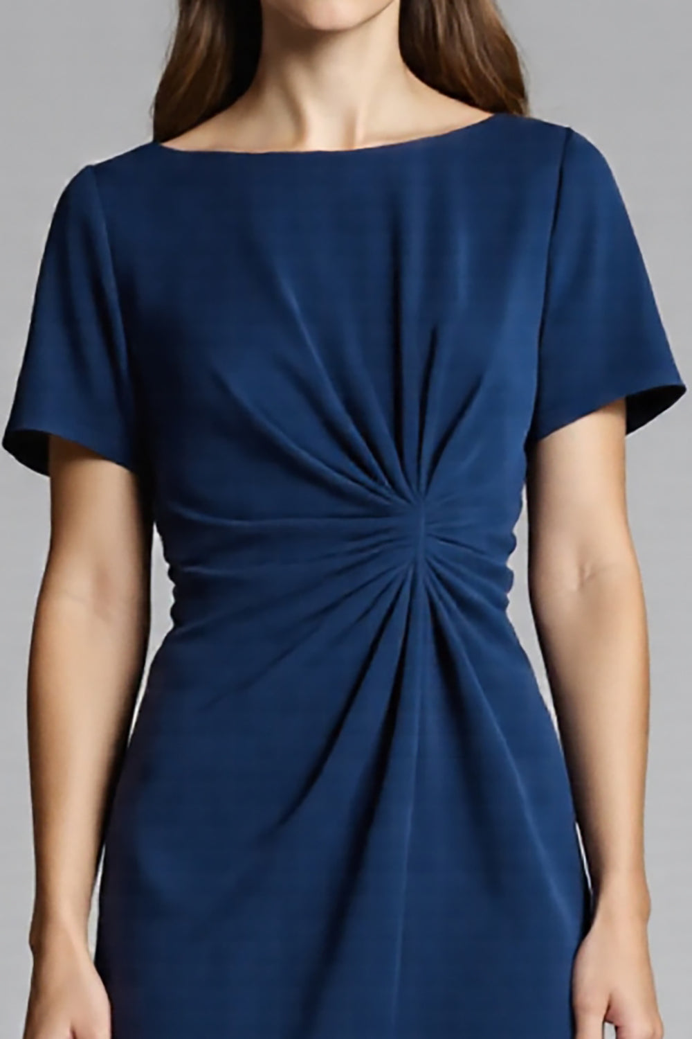 Navy Bodycon Ruched Midi Satin Work Dress with Short Sleeves