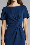 Navy Bodycon Ruched Midi Satin Work Dress with Short Sleeves