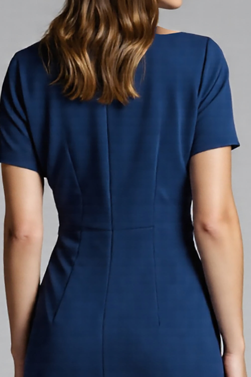 Navy Bodycon Ruched Midi Satin Work Dress with Short Sleeves
