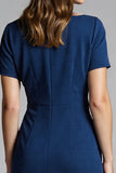 Navy Bodycon Ruched Midi Satin Work Dress with Short Sleeves