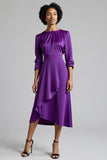 Royal Blue Satin Midi A Line Work Dress with Sleeves