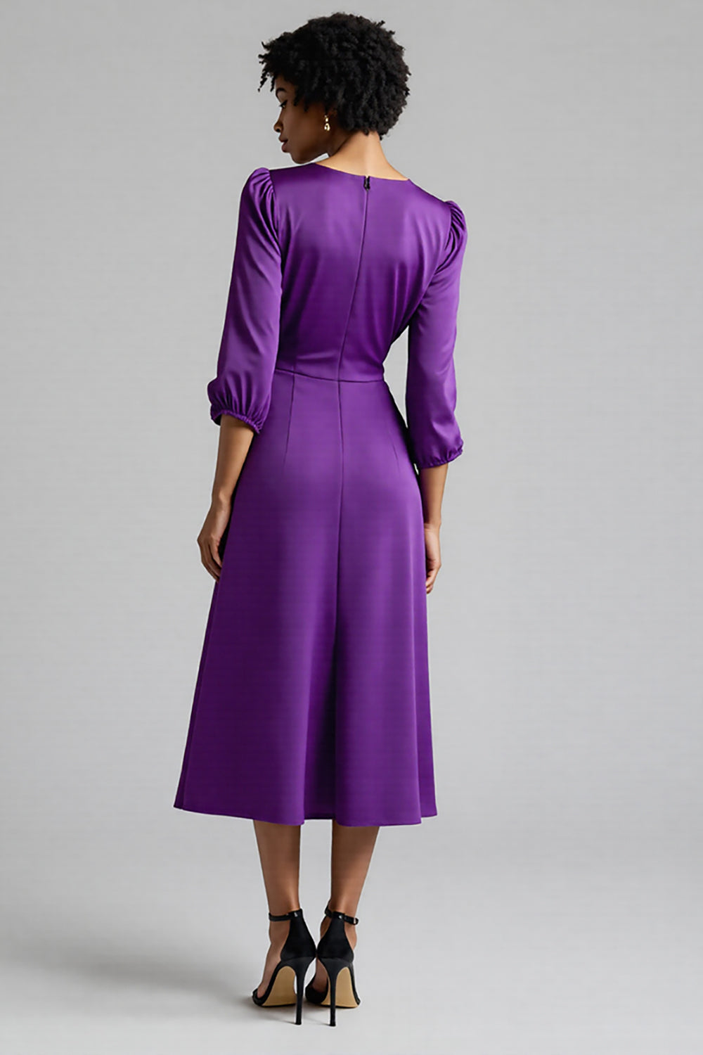 Royal Blue Satin Midi A Line Work Dress with Sleeves