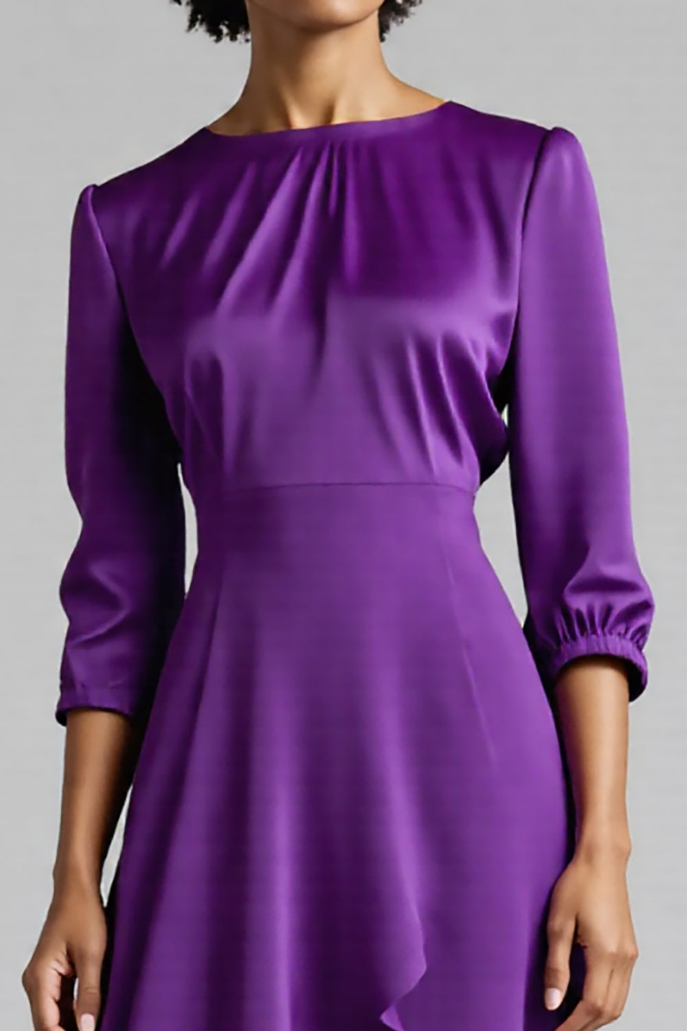 Plum Satin A Line Midi Ruched Work Dress with Half Sleeves